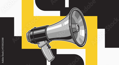 Stylish megaphone illustration on a dynamic black yellow and white geometric background