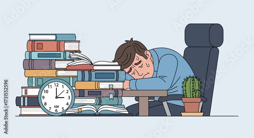 Overwhelmed Student Asleep on Books After a Long Night of Studying Cartoon Illustration