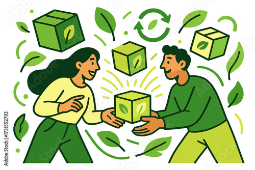 Eco-Friendly Packaging Exchange. Eco-friendly packaging. Designers and consumers exchanging glowing recyclable