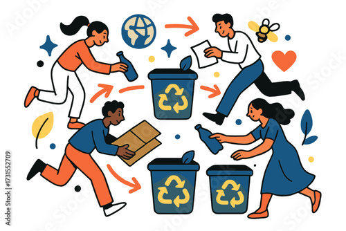 Sustainable Recycling Flow. Recycling loop. People placing items into glowing recycling bins forming a