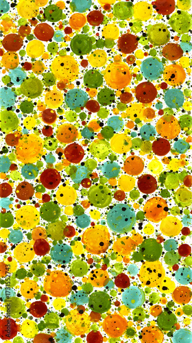 drops randomly distributed with vivid and contrasting colors on a white canvas for an energetic look