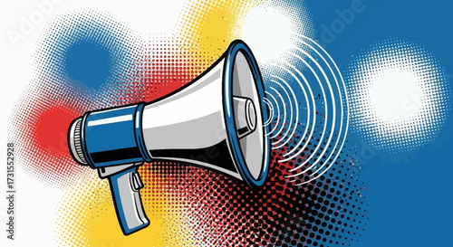 Retro megaphone broadcasting announcement over a colorful halftone background design