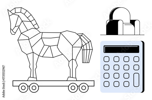 Geometric Trojan horse on wheels, office desk with chair, and calculator. Ideal for strategy, innovation, business, technology, planning work efficiency problem-solving. Simple flat metaphor