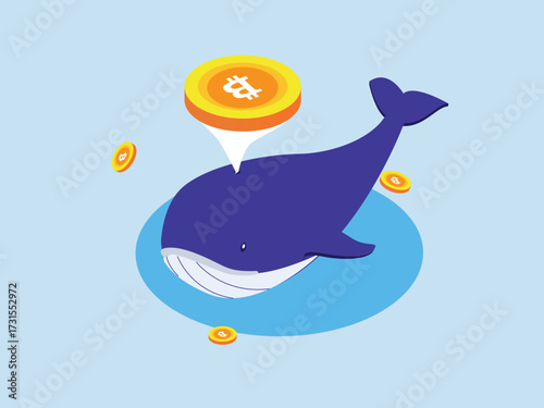 Blue whale spouting a Bitcoin coin, symbolizing a Bitcoin whale or a large investor in cryptocurrency 3d isometric vector illustration
