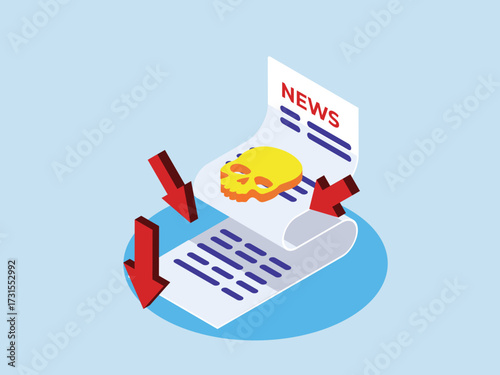 Bad news or negative journalism with a skull on a newspaper with red downward arrows 3d isometric vector illustration