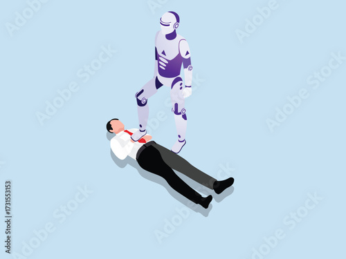 Job replacement by artificial intelligence with a robot standing on a defeated businessman 3d isometric vector illustration