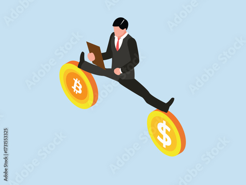 Digital financial strategy with a businessman balancing between a Bitcoin and a dollar coin 3d isometric vector illustration