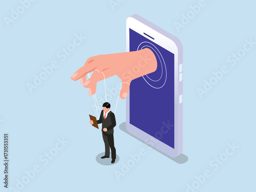 Mind control and social manipulation through a smartphone with a hand coming out of a phone to control a businessman like a puppet 3d isometric vector illustration