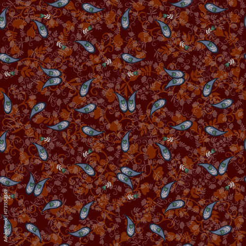 Seamless floral print for scarf, ethnic fabric with paisley, twigs, berries, buds and leaves in gray and brown tones. Indian, Chinese motifs.
