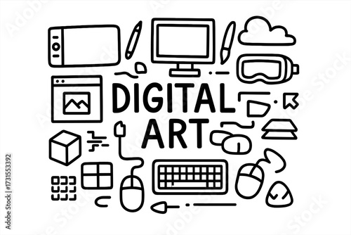 Digital Art Icons. Digital art. Hand-drawn doodle illustration of Digital art. Tablet, stylus, monitor, mouse,