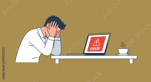 Frustrated employee facing computer error with coffee to relieve pressure