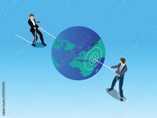 Global trade war and business competition with two businessmen pulling a rope from a globe 3d isometric vector illustration
