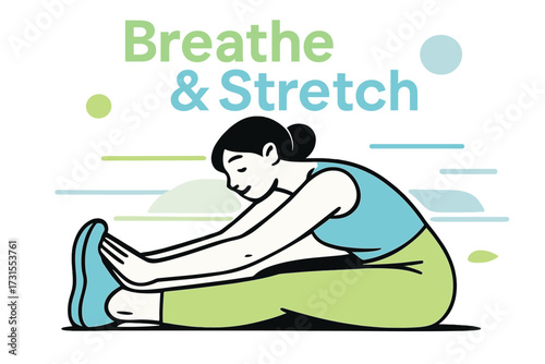 Breathe & Stretch Vibes. Stretching exercises. Person in seated forward fold pose with glowing horizon lines