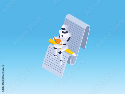 AI writer or automated copywriting with a robot writing on a large sheet of paper with a pencil 3d isometric vector illustration