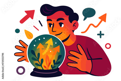 Gazing into Future. Future vision. A character gazing into a glowing crystal ball filled with abstract arrows