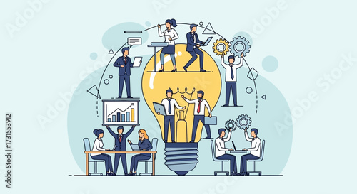 Teamwork and collaboration generating innovative ideas inside a lightbulb environment concept