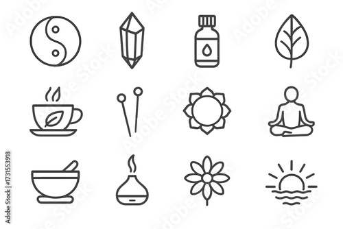 Holistic Icon Grid. Holistic Wellness. Line outline icon set of Holistic Wellness: yin yang, crystal,