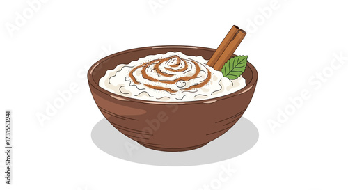 Delicious rice pudding illustration with cinnamon, perfect for food blogs and recipes