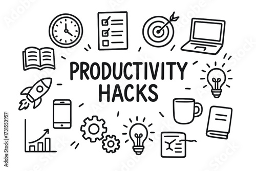 Productivity Doodle Elements. Productivity hacks. Hand-drawn doodle illustration of Productivity hacks. Clock,