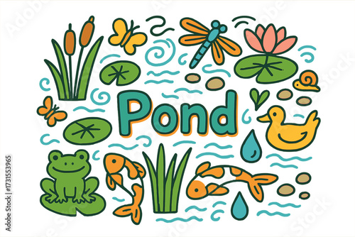 Pond Doodle Illustration. Pond. Hand-drawn doodle illustration of Pond. lily pad, koi fish, frog, cattails,