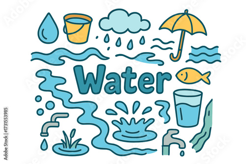 Water Doodle Compilation. Water. Hand-drawn doodle illustration of Water. droplet, ripples, waves, bucket,