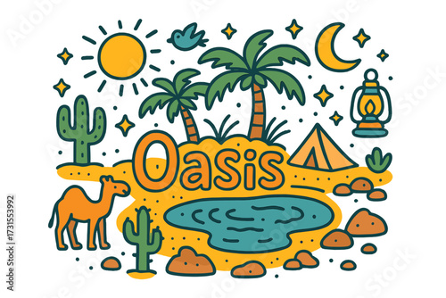 Oasis Doodle Illustration. Oasis. Hand-drawn doodle illustration of Oasis. palm trees, water pool, sand, camel