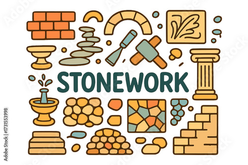 Creative Stonework Design. Stonework. Hand-drawn doodle illustration of Stonework. bricks, arch, carved stone,