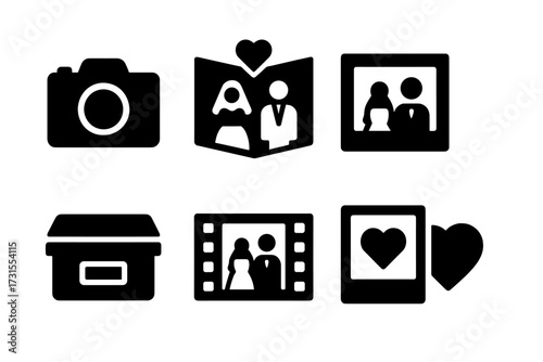 Wedding Icon Collection. Wedding Memories. Filled icon set of Wedding Memories: photo camera, wedding album,