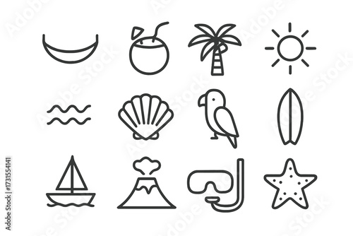 Island Icon Set. Island Getaway. Line outline icon set of Island Getaway: hammock, coconut drink, palm tree,