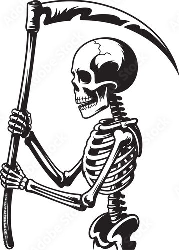 Grim reaper skeleton holding a scythe in a stylized illustration