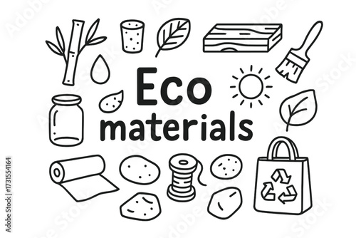 Eco Materials Doodle. Eco materials. Hand-drawn doodle illustration of Eco materials. Bamboo, cork, wood plank