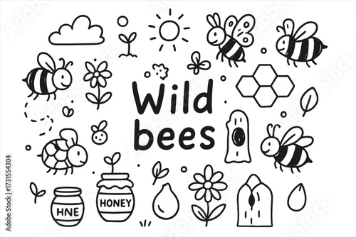 Wild Bees Doodle. Wild bees. Hand-drawn doodle illustration of Wild bees. Bee, honeycomb, flower, tree hollow,