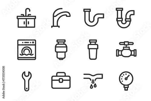 Kitchen Plumbing Icons. Kitchen Plumbing Checklist. Line outline icon set of Kitchen Plumbing Checklist: sink,