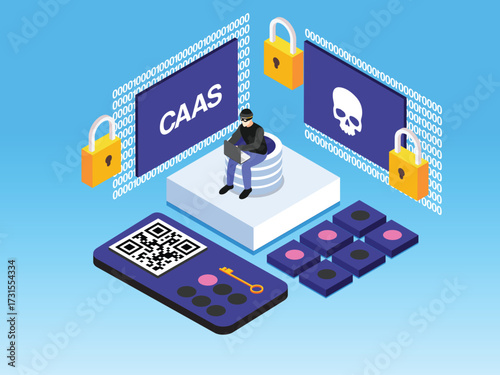 Cyber Attack and Data Theft: Hacking a CaaS Platform 3d isometric vector illustration