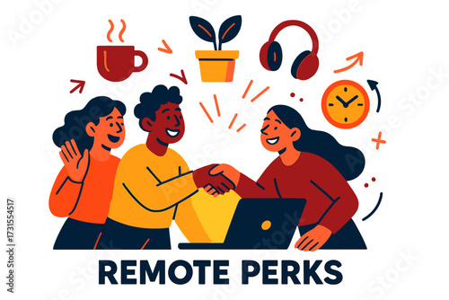Remote Work Vibes. Remote perks. A glowing laptop surrounded by floating icons of coffee, plants, headphones,