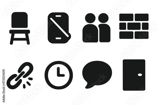 Signs of Distance Icons. Signs of Distance. Filled icon set of Signs of Distance: empty chair, phone off, back