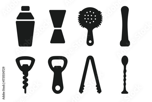 Bar Tools Icons. Bar Tools. Filled icon set of Bar Tools: cocktail shaker, jigger, strainer, muddler,