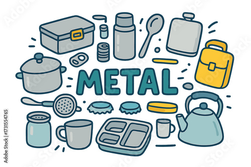 Playful Metal Doodle. Metal. Hand-drawn doodle illustration of Metal. stainless steel box, tin can, thermos,