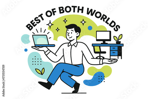 Balancing Hybrid Work. Benefits of hybrid work models. Person balancing glowing laptop and office desk on each