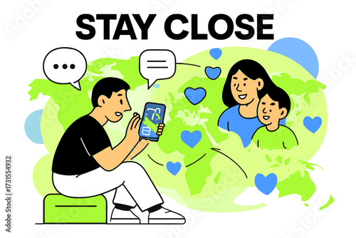 Global Family Connection. Diaspora communities. Character video calling family across glowing world map,