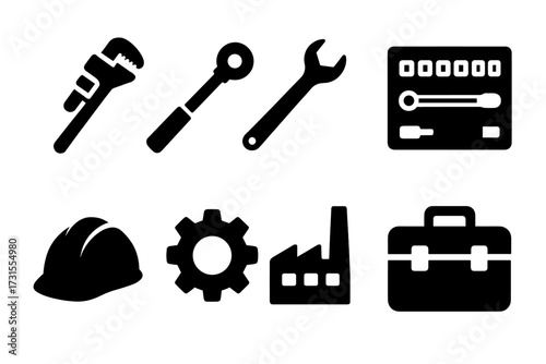 Industrial Tools Icons. Industrial Tools. Filled icon set of Industrial Tools: pipe wrench, torque wrench,