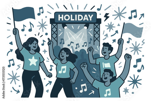 Concert Celebration Vibes. Concert celebration. Characters wearing glowing shirts and waving flags at a