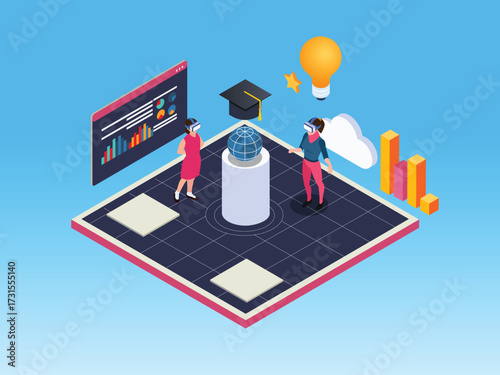 Virtual Reality Education and Data Analysis in the Metaverse 3d isometric vector illustration