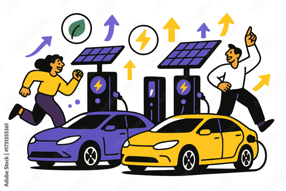 Naklejka premium Solar-Powered Electric Cars. Green transportation. Electric cars charging at glowing solar-powered stations