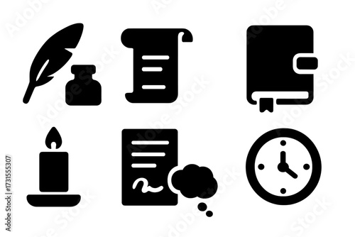Reflective Writing Icons. Reflective Writing. Filled icon set of Reflective Writing: feather quill, ink bottle