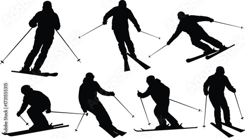 Skiing silhouettes, winter sports action, downhill movement, skier poses, black vector figures, dynamic ski motion, snow activity, alpine illustration