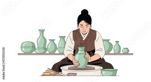 Korean Potter Shaping Clay on a Wheel in Traditional Hanbok, Displaying Finished Vases on Shelf, Traditional Pottery Art, Ceramics, Heritage