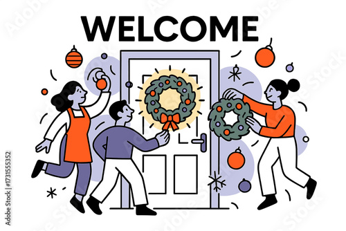 Festive Wreath Extravaganza. DIY holiday wreath-making party. Doorway scene with freshly made wreath glowing