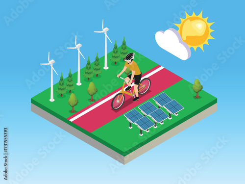 Cyclist on a Bike Path with Renewable Energy Sources 3d isometric vector illustration