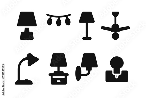 Bedroom Lighting Icons. Bedroom Lighting. Filled icon set of Bedroom Lighting: bedside lamp, string lights,